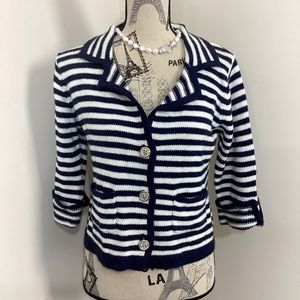 Derek Heart Women’s NavyBlue White Stripes Cropped Cardigan 3/4 Sleeves
